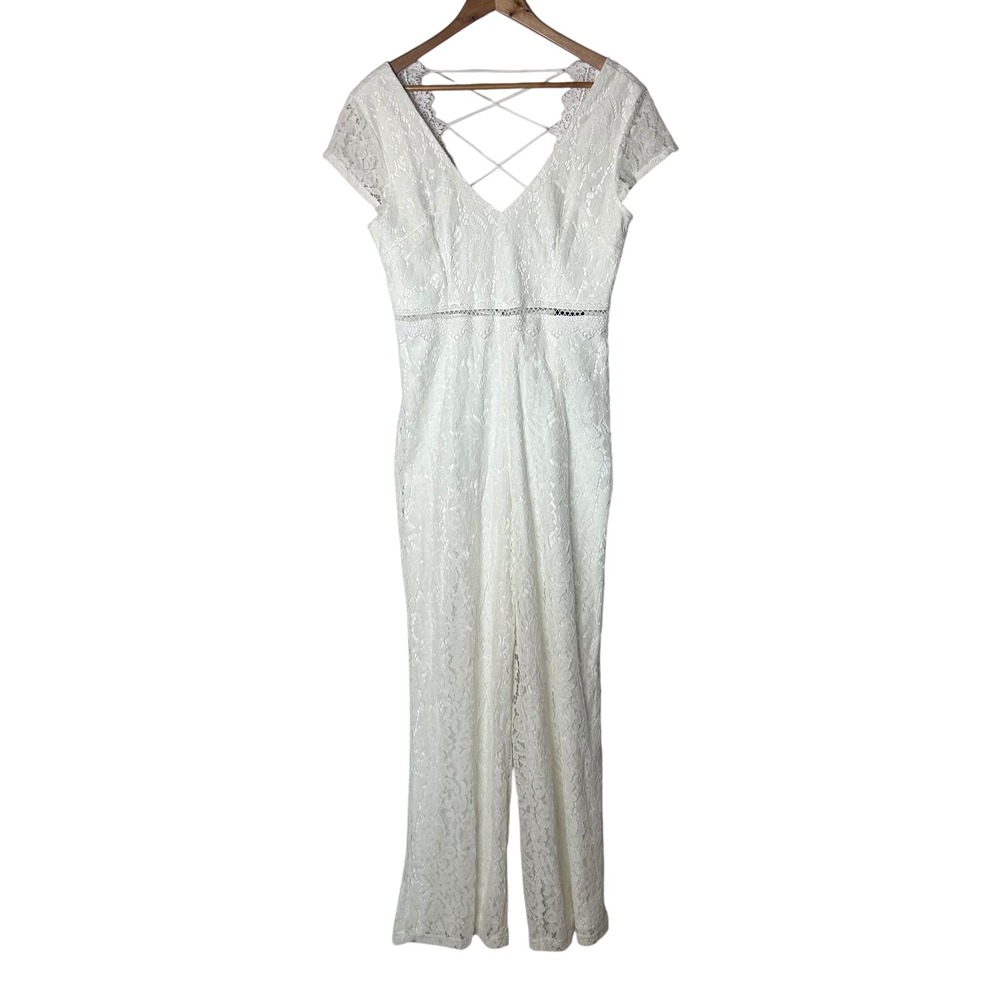 Lulus NWT Jumpsuit Sz L Lace Maxi White V Neck Criss‎ Cross Back Wide Leg